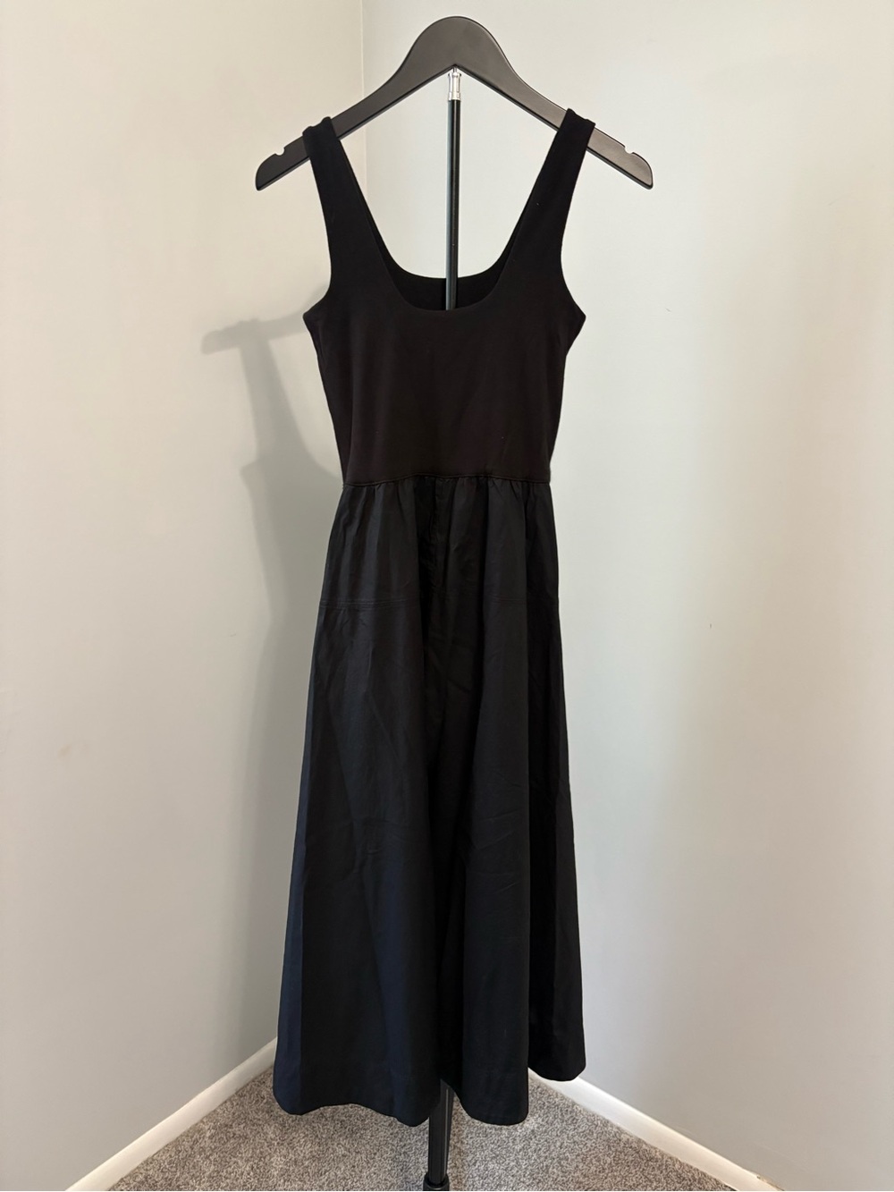 Everlane Riviera Knit Cotton Poplin Mixed Media Fit & Flare Midi Dress Black XXS - Picture 3 of 9